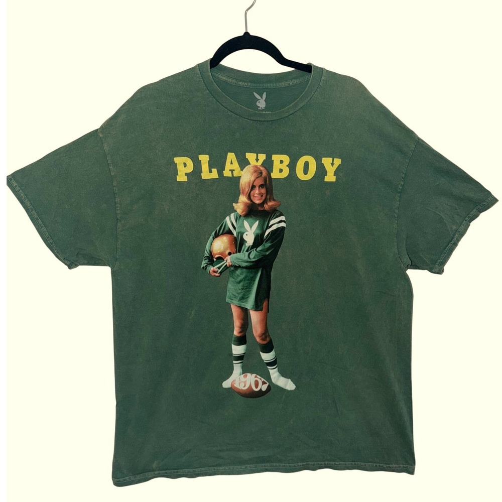 Playboy Retro Graphic T-Shirt Mens XL Green 1967 Football Bunny Girl Acid Wash